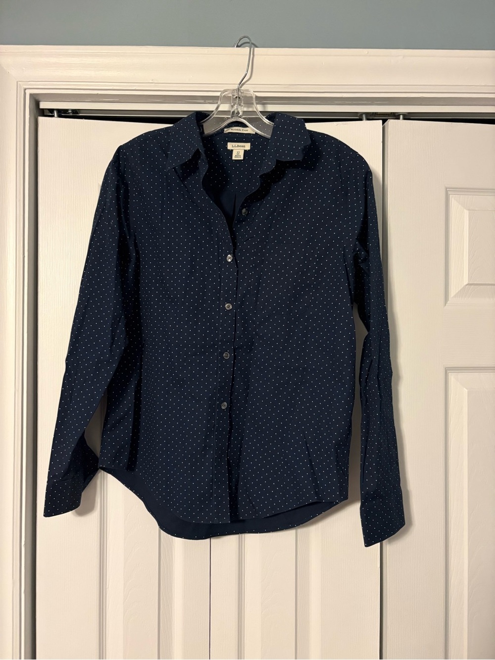 L.L. Bean Navy Button-Down Oxford Shirt with White Pinpoint Dots